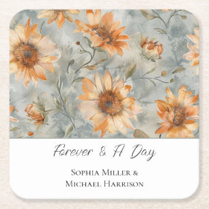 Dessous-de-verre Carré En Papier Mariage Fleurs Crème Orange Bleu