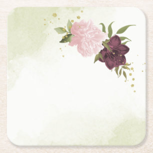 Dessous-de-verre Carré En Papier mariage fleurs roses cabernet verdure