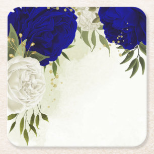 Dessous-de-verre Carré En Papier mariage fleurs verdure bleu royal et blanc