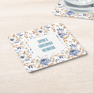 Dessous-de-verre Carré En Papier Mariage Floral Blanc Bleu