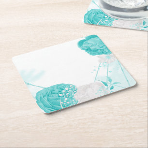 Dessous-de-verre Carré En Papier mariage floral blanc turquoise