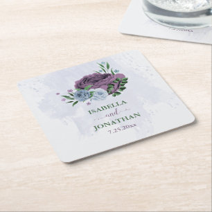 Dessous-de-verre Carré En Papier Mariage floral bleu pourpre