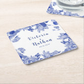 Dessous-de-verre Carré En Papier Mariage floral classique bleu et blanc (Incliné)