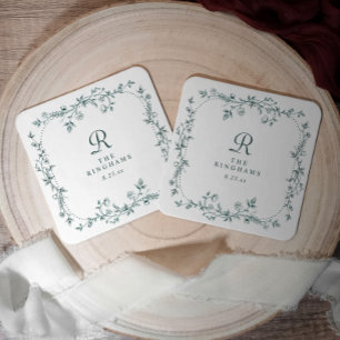 Dessous-de-verre Carré En Papier Mariage Floral Émeraude Vert Monogramme