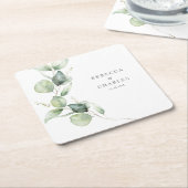 Dessous-de-verre Carré En Papier Mariage floral Eucalyptus Script Faveur (Incliné)
