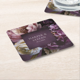 Dessous-de-verre Carré En Papier Mariage Floral Maximaliste Violet Élégant