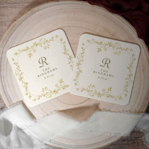 Dessous-de-verre Carré En Papier Mariage Floral Or et Ivoire Monogramme Français