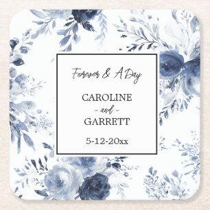 Dessous-de-verre Carré En Papier Mariage Floral Romantique Blanc Bleu