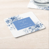 Dessous-de-verre Carré En Papier Mariage Floral Toile Bleu Français (Incliné)