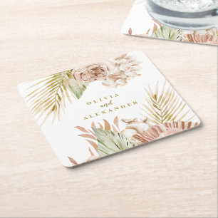 Dessous-de-verre Carré En Papier Mariage floral tropical bohème et palmier