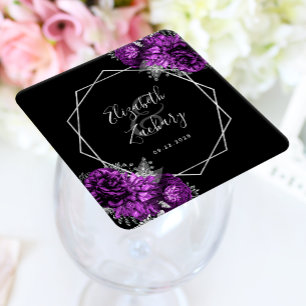 Dessous-de-verre Carré En Papier Mariage Géométrique Argent Floral Violet Noir