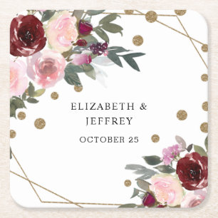 Dessous-de-verre Carré En Papier Mariage Géométrique Burgundy Floral Pailleté Or