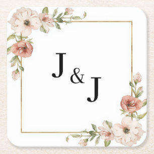 Dessous-de-verre Carré En Papier Mariage Initiales Cadre Fleurs Épanouies Rose