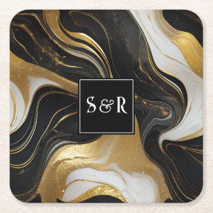 Dessous-de-verre Carré En Papier Mariage marbré Monogram Faux Gold, noir & blanc