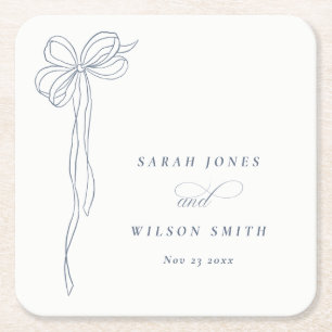 Dessous-de-verre Carré En Papier Mariage Minimaliste Simple Bleu Cendré Nœud Coquet