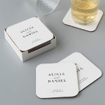 Dessous-de-verre Carré En Papier Mariage minimaliste simple et élégant<br><div class="desc">Elégant simple et minimaliste dessous de verre en papier mariage noir et blanc privilégie la décoration avec un élégant script de calligraphie chic et élégant. Facilité de personnalisation avec vos détails ! Convient aux mariages noirs de cravate neutre formels. Veuillez noter que la couleur arrière - plan peut être modifiée...</div>