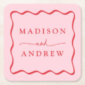 Dessous-de-verre Carré En Papier Mariage moderne à cadre rose et rouge (Devant)