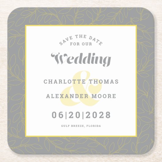 Dessous-de-verre Carré En Papier Mariage moderne Enregistrer la date Motif gris jau (Devant)