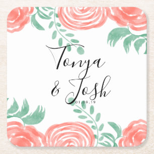 Dessous-de-verre Carré En Papier Mariage Moderne Pivoine Corail Aquarelle