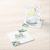 Dessous-de-verre Carré En Papier Mariage monogrammé à eucalyptus vert (En situation)