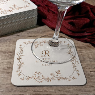 Dessous-de-verre Carré En Papier Mariage Monogramme Marron Crème Floral Vintage Fra