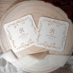 Dessous-de-verre Carré En Papier Mariage Monogramme Orange Terracotta Floral França