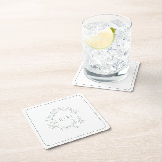 Dessous-de-verre Carré En Papier Mariage Monogramme vert Sage moderne (En situation)