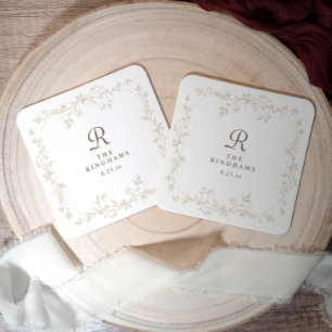 Dessous-de-verre Carré En Papier Mariage Monogramme Vintage Floral Beige Crème Fran
