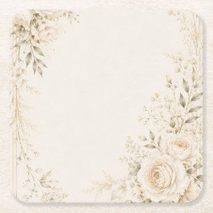 Dessous-de-verre Carré En Papier Mariage Neutre avec Fleurs Raffinées