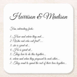 Dessous-de-verre Carré En Papier Mariage Noms de script Couple Fun Faits élégant