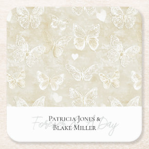 Dessous-de-verre Carré En Papier Mariage Papillons Cœurs Crème Ivoire Jolies