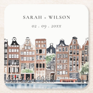 Dessous-de-verre Carré En Papier Mariage paysager du canal néerlandais d'Amsterdam