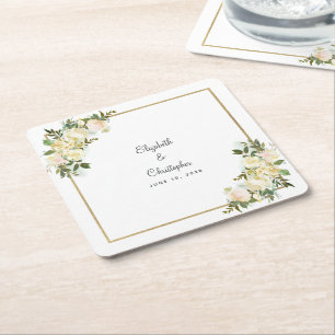 Dessous-de-verre Carré En Papier Mariage Personnalisé Aquarelle Rose Élégante Blanc