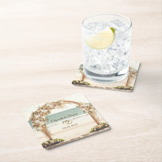 Dessous-de-verre Carré En Papier Mariage plage Roses d'Arbor (En situation)