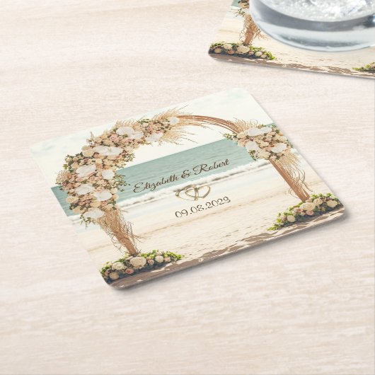 Dessous-de-verre Carré En Papier Mariage plage Roses d'Arbor (Incliné)