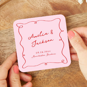 Dessous-de-verre Carré En Papier Mariage Rose et Rouge Dessiné à la Main de Manière