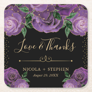 Dessous-de-verre Carré En Papier Mariage Roses Glam Or et Violet Aquarelle