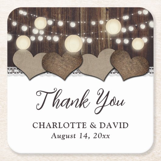 Dessous-de-verre Carré En Papier Mariage Rustique de Campagne en Bois Toile de Jute (Devant)