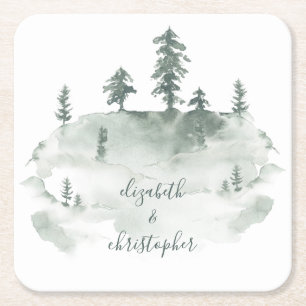 Dessous-de-verre Carré En Papier Mariage rustique de la forêt d'aquarelle