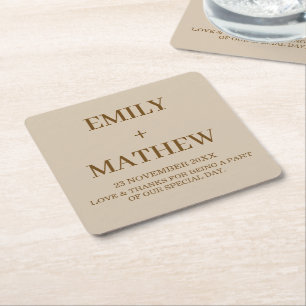 DESSOUS-DE-VERRE CARRÉ EN PAPIER MARIAGE SIMPLE NOM PERSONNALISÉ BEIGE BRUN ÉLÉGANT