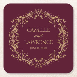 Dessous-de-verre Carré En Papier Mariage toile florale bordeaux champagne cadre
