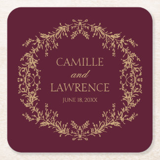 Dessous-de-verre Carré En Papier Mariage toile florale bordeaux champagne cadre