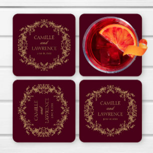 Dessous-de-verre Carré En Papier Mariage toile florale bordeaux champagne cadre