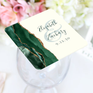 Dessous-de-verre Carré En Papier Mariage Vert Émeraude Agate Ivoire Or Script