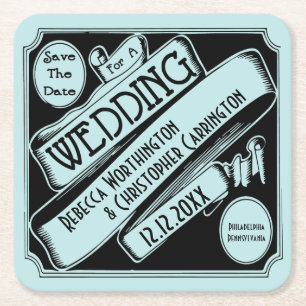 Dessous-de-verre Carré En Papier Mariage Vintage Classique Noir Enregistrer La Date