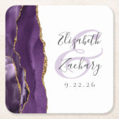 Dessous-de-verre Carré En Papier Mariage Violet Or Agate Géode Script (Devant)