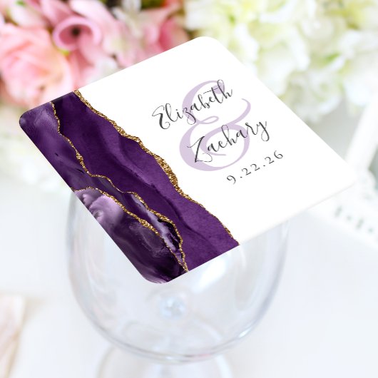 Dessous-de-verre Carré En Papier Mariage Violet Or Agate Géode Script