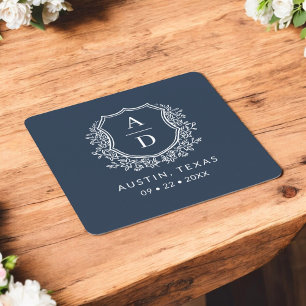 Dessous-de-verre Carré En Papier Marine Bleu Floral Monogramme Mariage Crest Modern