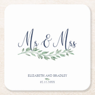 Dessous-de-verre Carré En Papier Marine Blue Script MR et MRS Greenery Mariage