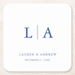 Dessous-de-verre Carré En Papier Marseille Bleu Monogram Élégant Mariage simple<br><div class="desc">Beaux,  élégants et simples,  dessous de verre mariages minimalistes Marseille Bleu. Entièrement personnalisable avec monogramme/initiales,  noms,  date et couleurs pour correspondre à votre thème mariage.</div>